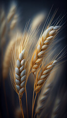 Golden wheat ears growing up in a farm field. Isolated young textured wheat. Blurred vertical...