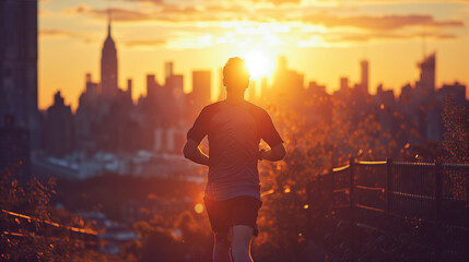 Fototapeta premium Silhouette of a male jogger running with the city skyline and rising sun in the background during a calm morning.