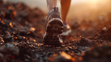 A runner's dusty shoes hit the ground on a rough trail, illuminated by the warm glow of a setting sun. - obrazy, fototapety, plakaty