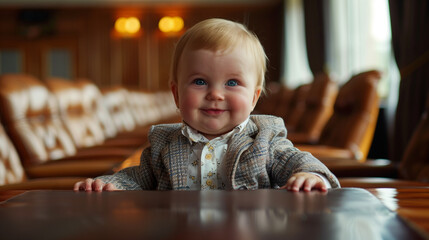 A kid dressed as a business executive sits at a desk, exuding a happy and serious demeanor. Business concept of a cute business baby.