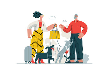 Mutual Support: Pet-sitting -modern flat vector concept illustration of a woman going on vacation leaving her dogs with neighbor. A metaphor of voluntary, collaborative exchanges of resource, services