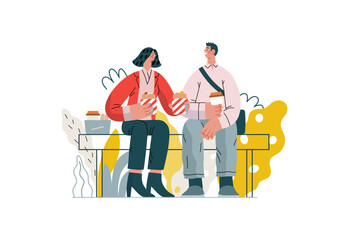 Mutual Support: Share food -modern flat vector concept illustration of woman offering half of her lunch to colleague in the park. A metaphor of voluntary, collaborative exchanges of resource, services