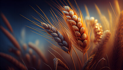 Golden wheat ears growing up in a farm field. Isolated young textured wheat. Blurred background....