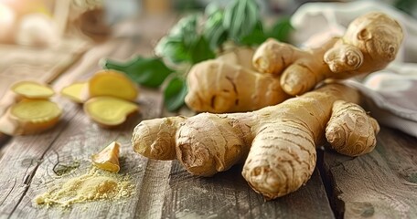 The Inviting Scene of Fresh Ginger Artfully Laid on a Wooden Table - obrazy, fototapety, plakaty