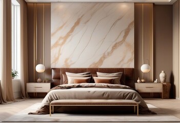 Luxurious large bedroom with marble slabs and a bed in the center.