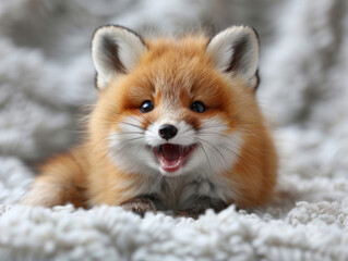 Obraz premium Joyful Red Fox Pup on a Fluffy White Blanket