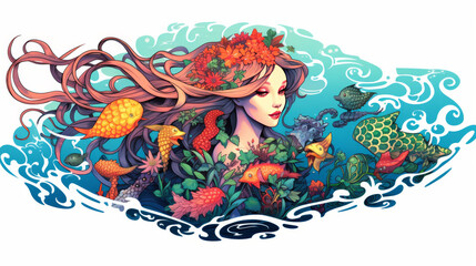 Queen of the Sea: A Vibrant Fantasy Illustration Depicting the Majestic Ocean Goddess Amidst a Flourishing Underwater World