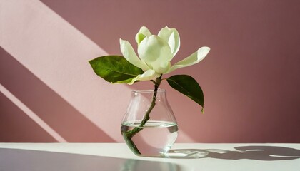 flower in a glass, Beautiful pink magnolia flower in transparent glass vase standing on white table, sunlight on pastel pink wall