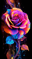 Vibrant Neon-Colored Rose with Psychedelic Art Style on Black Background

