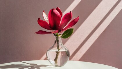 vase with flowers, Beautiful pink magnolia flower in transparent glass vase standing on white table, sunlight on pastel pink wall