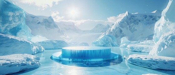 A blue ice podium set against the stunning backdrop of an arctic landscape - obrazy, fototapety, plakaty