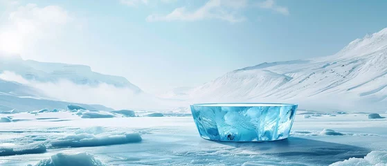 Zelfklevend Fotobehang A blue ice podium set against the stunning backdrop of an arctic landscape © Creative_Bringer