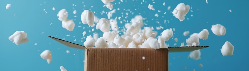 A Cardboard box erupting with packing peanuts