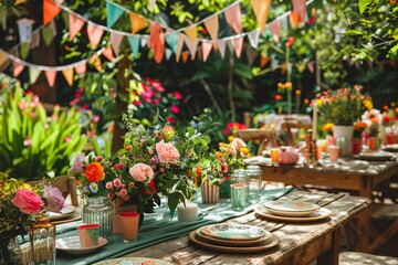A festive wooden tabletop set in a lush garden party atmosphere