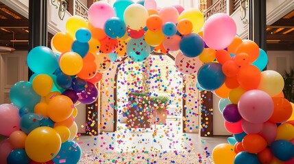 A festive celebration entrance featuring a grand archway of multi-colored balloons and confetti