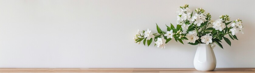 A fresh and cheerful display of white spring flowers arranged in a classic white vase on a wooden table against a white background. - obrazy, fototapety, plakaty