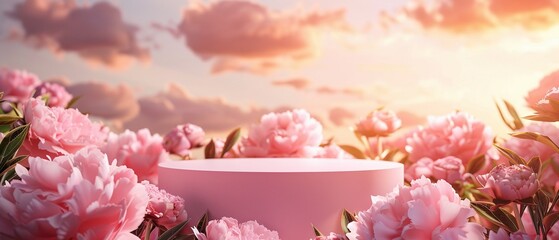 A gentle sunset scene with a pink podium surrounded by blossoming peonies creating a soft