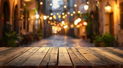 A high-quality wooden table set against the blurry backdrop of an inviting street scene with glowing lights at dusk. - obrazy, fototapety, plakaty