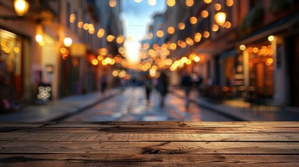 A high-quality wooden table set against the blurry backdrop of an inviting street scene with glowing lights at dusk. - obrazy, fototapety, plakaty