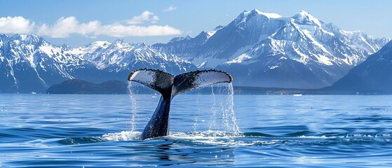 A Humpback whale tail fluke above the water with majestic snow-capped mountains in the distance.