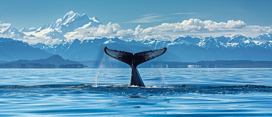 A Humpback whale tail fluke above the water with majestic snow-capped mountains in the distance. - obrazy, fototapety, plakaty