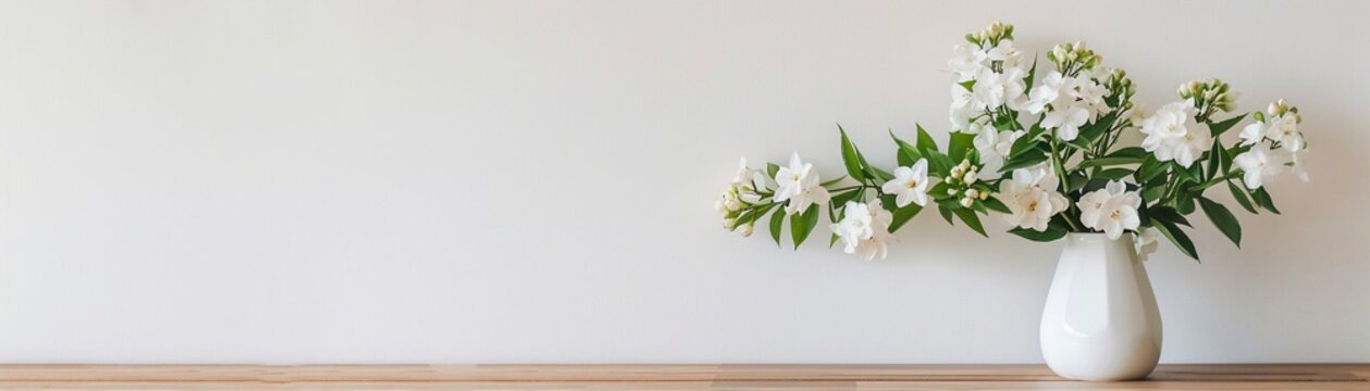 A fresh and cheerful display of white spring flowers arranged in a classic white vase on a wooden table against a white background.