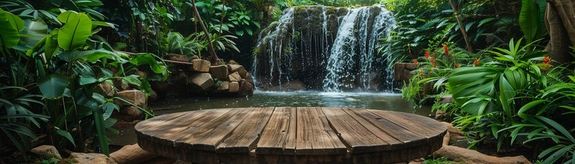 A natural wooden podium perfectly positioned to overlook a lush tropical waterfall oasis - obrazy, fototapety, plakaty