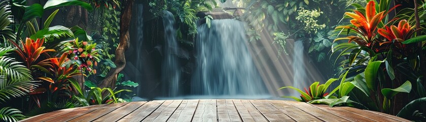 A natural wooden podium perfectly positioned to overlook a lush tropical waterfall oasis