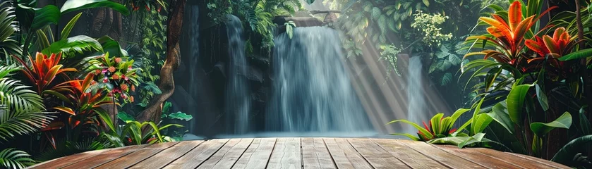 Tuinposter A natural wooden podium perfectly positioned to overlook a lush tropical waterfall oasis © Creative_Bringer