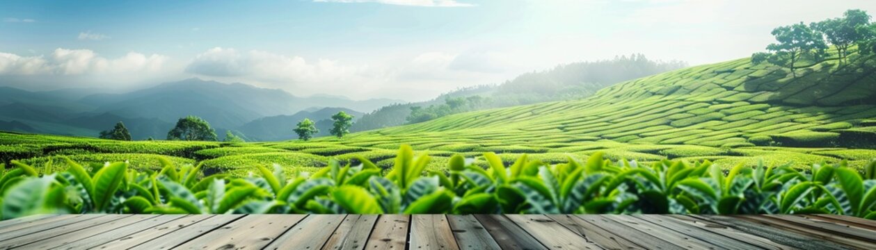 A Modern podium with fresh green tea field and blue sky background.