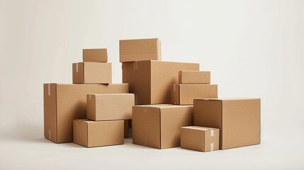 A Simple stack of various sized brown cardboard boxes isolated on a white background.