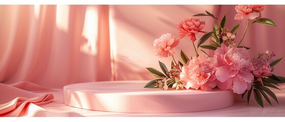 A soft pink podium elegantly draped with peony flowers