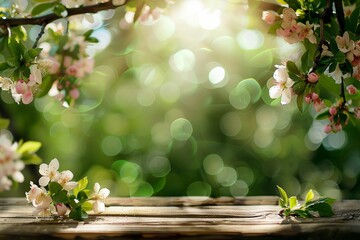 A Sun-kissed spring blossoms framing a rustic wooden tabletop with a vibrant green bokeh background. - obrazy, fototapety, plakaty
