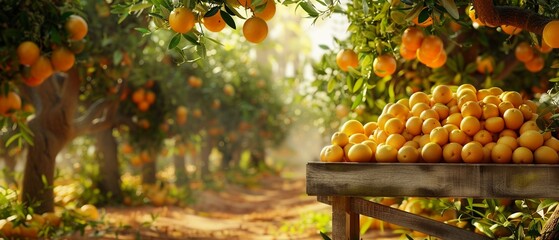 A sunny citrus grove atmosphere with a wooden display stand surrounded by ripe - obrazy, fototapety, plakaty
