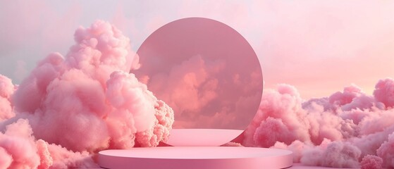 A whimsical scene with a circular pink display stand set against a backdrop of dreamy pink clouds and sky. - obrazy, fototapety, plakaty