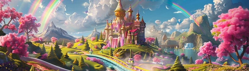 A whimsical candy land displaying a fantasy castle atop a vibrant landscape with a rainbow bridge leading to its gates. - obrazy, fototapety, plakaty