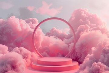 A whimsical scene with a circular pink display stand set against a backdrop of dreamy pink clouds and sky.