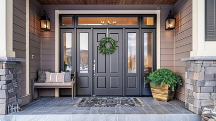 A Stunning Home Entryway Featuring a Gray Door Framed by Sidelights and Crowned with a Spacious Transom Window - obrazy, fototapety, plakaty