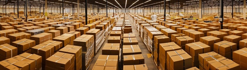 A Wide-angle view of a contemporary warehouse interior filled with rows of packed cardboard boxes.