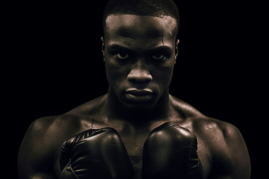 Portrait of a black boxing fighter. His eyes look intensely at the camera
