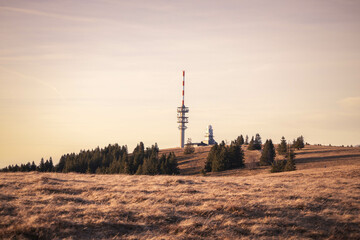 Winter Sunset View of Communications Tower, Black Forest, Feldberg, Germany