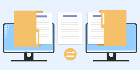 Documents file transfer directly from monitor screen, Transfer data by computer screen, Sheet paper transfer across monitor screen, Flat design, Open folder icon vector illustration.