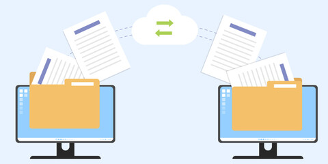 Documents file cloud transfer from computer, Transfer data from uploading and downloading, Sheet paper transferring by cloud, Flat design, Open folder icon vector illustration.