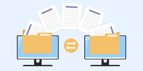 Documents file transfer from computer screen, Transfer data by monitor display, Sheet paper transfer across monitor screen, Flat design, Open folder icon vector illustration.