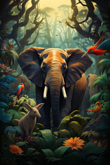 Majestic Elephant and Tropical Birds in Lush Jungle Scene

