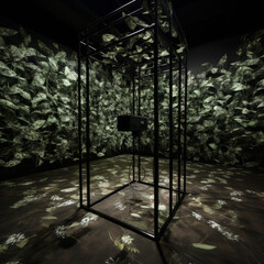 Modern Art Installation with Projected Leaves in Dark Room

