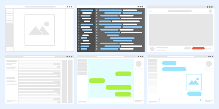 Set of windows program, UI design, Flat simple screen of website browser, coding display, email screen, chat box, Computer window user interface screen.