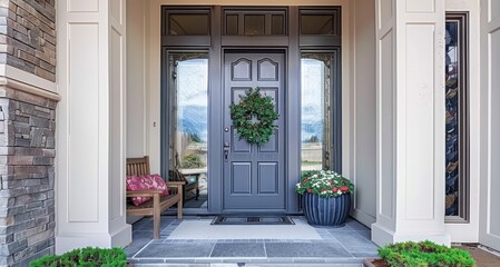 The Majestic Entryway of a Home Accented with a Gray Door, Sidelights, and a Vast Transom Window - obrazy, fototapety, plakaty