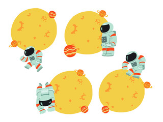 宇宙服を着た人と月と惑星のポップなフレームイラストセット	