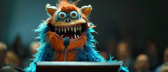 Monster delivering a keynote speech at a business conference